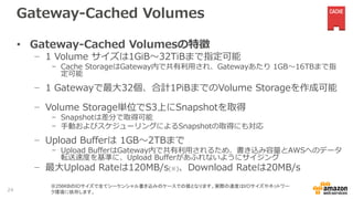 Gateway-Cached Volumes
• Gateway-Cached Volumesの特徴
− 1 Volume サイズは1GiB〜32TiBまで指定可能
- Cache StorageはGateway内で共有利用され、Gatewayあたり 1GB〜16TBまで指
定可能
− 1 Gatewayで最大32個、合計1PiBまでのVolume Storageを作成可能
− Volume Storage単位でS3上にSnapshotを取得
- Snapshotは差分で取得可能
- 手動およびスケジューリングによるSnapshotの取得にも対応
− Upload Bufferは 1GB〜2TBまで
- Upload BufferはGateway内で共有利用されるため、書き込み容量とAWSへのデータ
転送速度を基準に、Upload Bufferがあふれないようにサイジング
− 最大Upload Rateは120MB/s(※)、Download Rateは20MB/s
※256KBのIOサイズで全てシーケンシャル書き込みのケースでの値となります。実際の速度はI/Oサイズやネットワー
ク環境に依存します。24
 