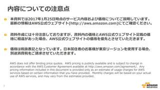 本資料では2017年1月25日時点のサービス内容および価格についてご説明しています。
最新の情報はAWS公式ウェブサイト(http://aws.amazon.com)にてご確認ください。
資料作成には十分注意しておりますが、資料内の価格とAWS公式ウェブサイト記載の価
格に相違があった場合、AWS公式ウェブサイトの価格を優先とさせていただきます。
内容についての注意点
AWS does not offer binding price quotes. AWS pricing is publicly available and is subject to change in
accordance with the AWS Customer Agreement available at http://aws.amazon.com/agreement/. Any
pricing information included in this document is provided only as an estimate of usage charges for AWS
services based on certain information that you have provided. Monthly charges will be based on your actual
use of AWS services, and may vary from the estimates provided.
価格は税抜表記となっています。日本居住者のお客様が東京リージョンを使用する場合、
別途消費税をご請求させていただきます。
3
 