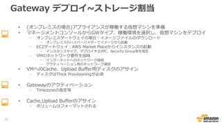 Gateway デプロイ~ストレージ割当
• (オンプレミスの場合)アプライアンスが稼働する仮想マシンを準備
• マネージメントコンソールからGWタイプ、稼働環境を選択し、仮想マシンをデプロイ
− オンプレミスゲートウェイの場合：イメージファイルのダウンロード
- オンプレミスのハイパーバイザーでイメージから起動
− EC2ゲートウェイ：AWS Market Placeからインスタンスの起動
- インスタンスタイプ、デプロイするVPC、Security Group等を指定
− VMのネットワーク要件を加味
- インターネットへのネットワーク接続
- アクティベーション用のネットワーク通信
• VMへのCache、Upload Buffer用ディスクのアサイン
− ディスクはThick Provisioningが必須
• Gatewayのアクティベーション
− Timezoneの指定等
• Cache, Upload Bufferのアサイン
− ボリュームはフォーマットされる
41
 