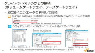 ボリューム、VTLの作成 (ボリュームゲートウェイ、
テープゲートウェイ)
• VTLの作成
• ボリュームの作成
• 容量、ボリューム名(iSCSIターゲット名)の指定
• EBSスナップショットからの作成も可能
• CHAP認証の設定(オプション)
• ターゲット(ボリューム)毎にCHAPの設定が可能
• ゲートウェイアクティベーション時にメディアチェン
ジャーのタイプを指定※
• STK-L700
• AWS-Gateway-VTL
• 1つの仮想メディアチェンジャーと10個の仮想テープ
ドライブが作成される
• CHAP認証はチェンジャーおよびドライブ毎
• テープの作成
• 容量、バーコードのプレフィックスの指定
※ 利用するバックアップソフトに応じて選択
http://docs.aws.amazon.com/storagegateway/latest/userguide/create-gateway-vtl.html44
 
