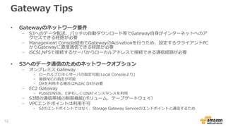 Gateway Tips
• AWSへのデータ転送方式
− ファイルゲートウェイ
- キャッシュを利用したWrite Back方式、自動でマルチパートアップロード
− ボリュームゲートウェイ、テープゲートウェイ
- Upload Bufferに貯まる更新データをブロック単位で圧縮し、HTTPSを利用しAWS側に転送
• セキュリティへの配慮
− AWSと各Gateway間のデータ転送はすべてSSLで暗号化
− クラウドストレージ側のデータはAES-256を用いて暗号化
− iSCSIイニシエータは、CHAP(Challenge-Handshake Authentication Protocol)にも対応し、暗
号化認証が可能
− File Gatewayでは接続するクライアントのIPアドレス指定が可能
• Storage Gatewayの自動アップデート
− アップデートやパッチを自動的にダウンロードし適用
− メンテナンスウィンドウを指定可能
52
 