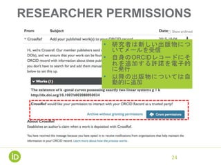 RESEARCHER PERMISSIONS
24
• 研究者は新しい出版物につ
いてメールを受信
• 自身のORCIDレコードにそ
れを追加する許諾を電子的
に発行
• 以降の出版物については自
動的に追加
 