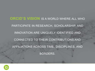 ORCID’S VISION IS A WORLD WHERE ALL WHO
PARTICIPATE IN RESEARCH, SCHOLARSHIP, AND
INNOVATION ARE UNIQUELY IDENTIFIED AND
CONNECTED TO THEIR CONTRIBUTIONS AND
AFFILIATIONS ACROSS TIME, DISCIPLINES, AND
BORDERS.
 