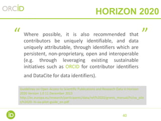 40
HORIZON 2020
Where possible, it is also recommended that
contributors be uniquely identifiable, and data
uniquely attributable, through identifiers which are
persistent, non-proprietary, open and interoperable
(e.g. through leveraging existing sustainable
initiatives such as ORCID for contributor identifiers
and DataCite for data identifiers).
“ ”
Guidelines on Open Access to Scientific Publications and Research Data in Horizon
2020 Version 1.0 11 December 2013
http://ec.europa.eu/research/participants/data/ref/h2020/grants_manual/hi/oa_pilo
t/h2020- hi-oa-pilot-guide_en.pdf
 