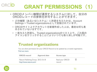 GRANT PERMISSIONS（1）
• ORCIDメンバー機関が運用するシステムに対して、自分の
ORCIDレコードの参照を許可することができます。
• どの機関（あるいはシステム）に許諾を与えたかは、Account
Settings > Trusted organizationsとして記録されています。
• ORCIDサイト上でアカウントを新規作成した人は、最初は何も表
示されていないはずです。
• 一度与えた許諾も、Trusted organizationsのリスト上で、ごみ箱の
アイコンをクリックすることによりいつでも取り消しが可能です。
•
51
 