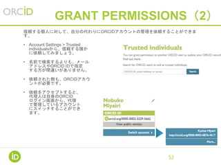 GRANT PERMISSIONS（2）
信頼する個人に対して、自分の代わりにORCIDアカウントの管理を依頼することができま
す。
• Account Settings > Trusted
individualsから、信頼する誰か
に依頼してみましょう。
• 名前で検索するよりも、メール
アドレスやORCID IDで指定
する方が間違いがありません。
• 依頼された側も、ORCIDアカウ
ントが必要です。
• 依頼をアクセプトすると、
代理人は自身のORCID
ログイン画面から、代理
で管理しているアカウント
にスイッチすることができ
ます。
52
 