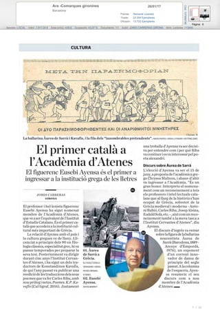 26/01/17Ara -Comarques gironines
Barcelona
Prensa: Semanal (Jueves)
Tirada: 23.354 Ejemplares
Difusión: 13.732 Ejemplares
Página: 6
Sección: LOCAL Valor: 1.917,00 € Área (cm2): 435,8 Ocupación: 43,07 % Documento: 1/1 Autor: JORDI CARRERAS GIRONA Núm. Lectores: 113000
Cód:107956745
7 / 21
 