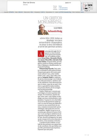 26/01/17Diari de Girona
Gerona
Prensa: Diaria
Tirada: 7.540 Ejemplares
Difusión: 5.438 Ejemplares
Página: 2
Sección: OPINIÓN Valor: 399,00 € Área (cm2): 129,4 Ocupación: 13,56 % Documento: 1/1 Autor: LLETRES Sebastià Roig Núm. Lectores: 34000
Cód:107958608
9 / 21
 