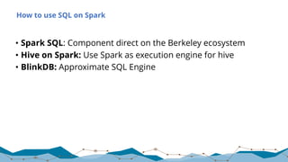 How to use SQL on Spark
• Spark SQL: Component direct on the Berkeley ecosystem
• Hive on Spark: Use Spark as execution engine for hive
• BlinkDB: Approximate SQL Engine
 