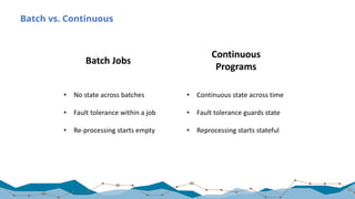 Batch vs. Continuous
62
• No	state	across	batches
• Fault	tolerance	within	a	job
• Re-processing	starts	empty
Batch	Jobs
Continuous	
Programs
• Continuous	state	across	time
• Fault	tolerance	guards	state
• Reprocessing	starts	stateful
 