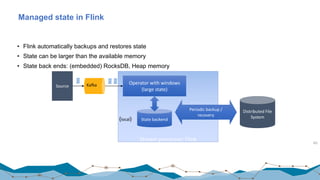 Stream	processor:	Flink
Managed state in Flink
• Flink automatically backups and restores state
• State can be larger than the available memory
• State back ends: (embedded) RocksDB, Heap memory
65
Operator	with	windows	
(large	state)
State	backend(local)
Distributed	File	
System
Periodic	backup	/
recovery
Source Kafka
 
