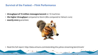 Survival of the Fastest – Flink Performance
• throughput of 15 million messages/second on 10 machines
• 35x higher throughput compared to Storm (80x compared to Yahoo’s runs)
• exactly once guarantees
• Read the full report: http://data-artisans.com/extending-the-yahoo-streaming-benchmark/
 