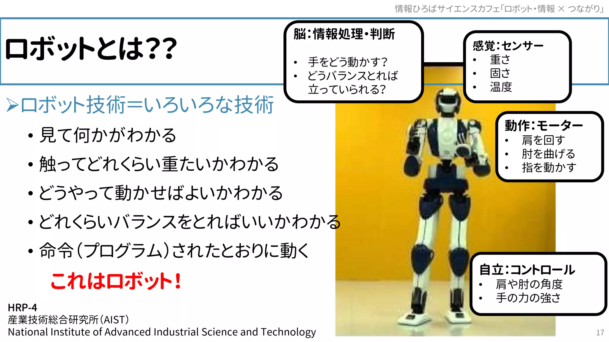ロボット技術＝いろいろな技術
• 見て何かがわかる
• 触ってどれくらい重たいかわかる
• どうやって動かせばよいかわかる
• どれくらいバランスをとればいいかわかる
• 命令（プログラム）されたとおりに動く
これはロボット！
ロボットとは？？
HRP-4
産業技術総合研究所（AIST）
National Institute of Advanced Industrial Science and Technology
脳：情報処理・判断
• 手をどう動かす？
• どうバランスとれば
立っていられる？
感覚：センサー
• 重さ
• 固さ
• 温度
動作：モーター
• 肩を回す
• 肘を曲げる
• 指を動かす
自立：コントロール
• 肩や肘の角度
• 手の力の強さ
情報ひろばサイエンスカフェ「ロボット・情報 つながり」×
17
 