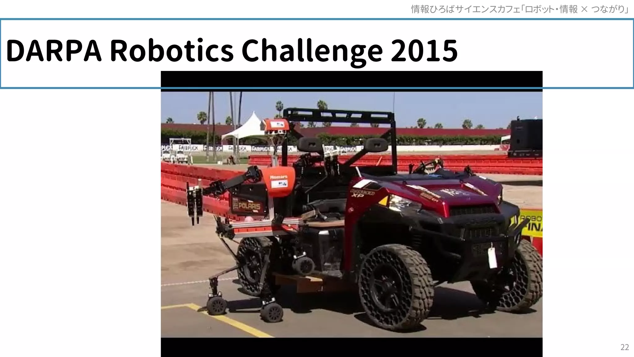 情報ひろばサイエンスカフェ「ロボット・情報 つながり」×
22
DARPA Robotics Challenge 2015
 