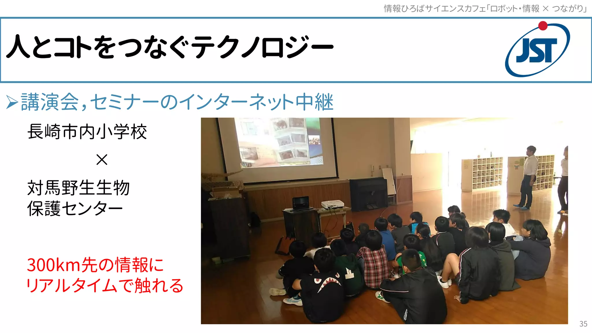 人とコトをつなぐテクノロジー
講演会，セミナーのインターネット中継
長崎市内小学校
×
対馬野生生物
保護センター
300km先の情報に
リアルタイムで触れる
情報ひろばサイエンスカフェ「ロボット・情報 つながり」×
35
 