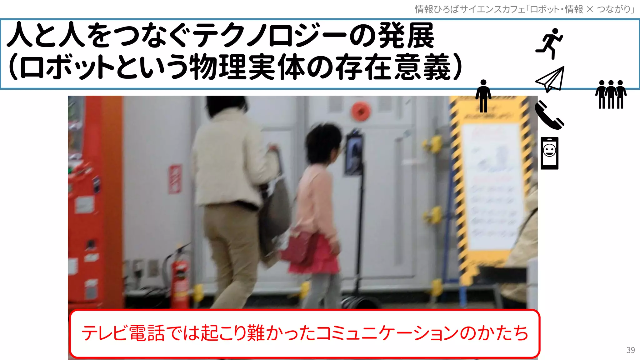 人と人をつなぐテクノロジーの発展
（ロボットという物理実体の存在意義）
情報ひろばサイエンスカフェ「ロボット・情報 つながり」×
39
テレビ電話では起こり難かったコミュニケーションのかたち
 