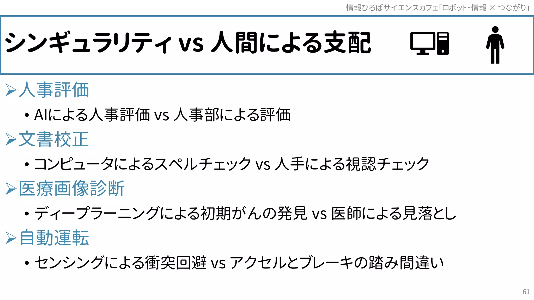 シンギュラリティ vs 人間による支配
人事評価
• AIによる人事評価 vs 人事部による評価
文書校正
• コンピュータによるスペルチェック vs 人手による視認チェック
医療画像診断
• ディープラーニングによる初期がんの発見 vs 医師による見落とし
自動運転
• センシングによる衝突回避 vs アクセルとブレーキの踏み間違い
情報ひろばサイエンスカフェ「ロボット・情報 つながり」×
61
 