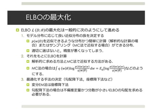 ELBO
¤ ELBO ℒ	 !; N
1.
¤ $(#|!)
MC
¤
2. ELBO
¤ MC
¤ MC ∫ O	 # N log
W K|A W A
J # N
5# = IJ[log
W K|A W A
J # N
]
3.
¤ EM
¤ ELBO
 