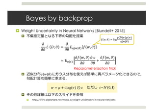 ¤ Weight Uncertainty in Neural Networks [Blundell+ 2015]
¤
¤ O(#|N)
¤
¤ http://www.slideshare.net/masa_s/weight-uncertainty-in-neural-networks
Bayes by backprop
^
^N
ℒ	 !; N =
^
^N
IJ(A|]) d(#, N)
d #, N = log
$ !|# $(#)
O(#|N)
= IJ(e)
^d(#, N)
^N
^#
^N
+
^d(#, N)
^N
Reparameterization trick
# = Z + diag([) ⊙ i i~k(0, m)
 