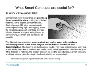What Smart Contracts are useful for?
32
Be careful with blockchain ICOs!:
Companies behind these ICOs are promising
the mo...
