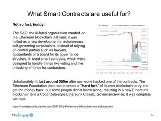 What Smart Contracts are useful for?
34
Unfortunately, it lost around $50m after someone hacked one of the contracts. The
...