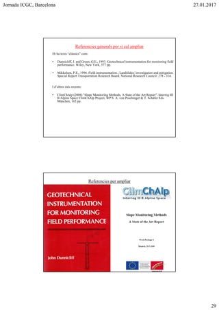 Jornada ICGC, Barcelona 27.01.2017
Referencies generals per si cal ampliar
Hi ha texts “clàssics” com:
•Dunnicliff, J. and Green, G.E., 1993. Geotechnical instrumentation for monitoring field
performance. Wiley, New York, 577 pp.
•Mikkelsen, P.E., 1996. Field instrumentation.; Landslides; investigation and mitigation.
Special Report Transportation Research Board, National Research Council: 278 - 316.
I d’altres més recents:
•ClimChAlp (2008) "Slope Monitoring Methods, A State of the Art Report". Interreg III B
Alpine Space ClimChAlp Project, WP 6. A. von Poschinger & T. Schäfer Eds. München,
165 pp.
Referencies per ampliar
 
