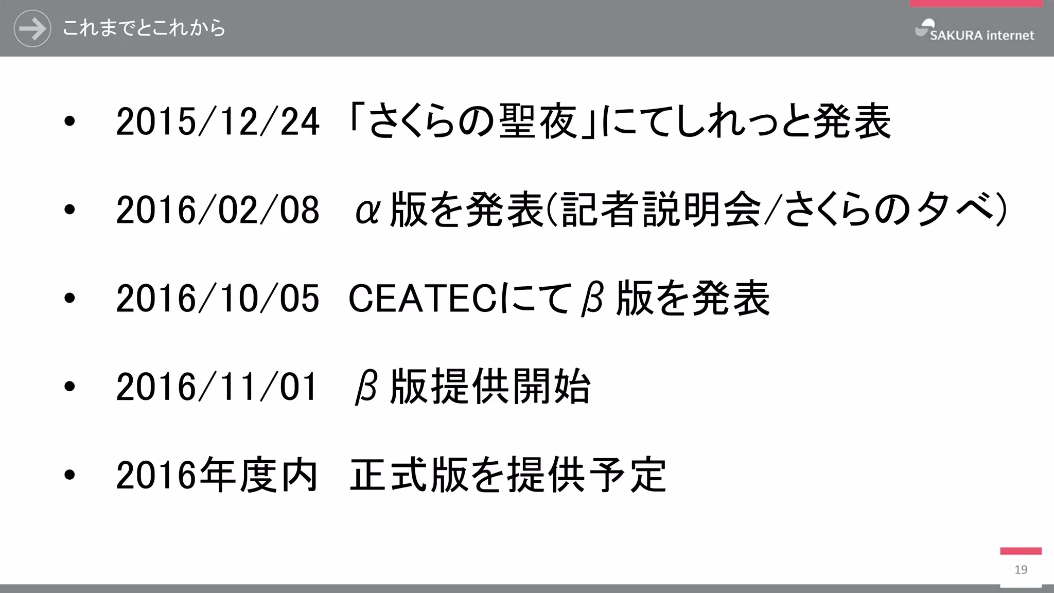 これまでとこれから
• 2015/12/24 「さくらの聖夜」にてしれっと発表
• 2016/02/08 α版を発表(記者説明会/さくらの夕べ)
• 2016/10/05 CEATECにてβ版を発表
• 2016/11/01 β版提供開始
• 2016年度内 正式版を提供予定
19
 