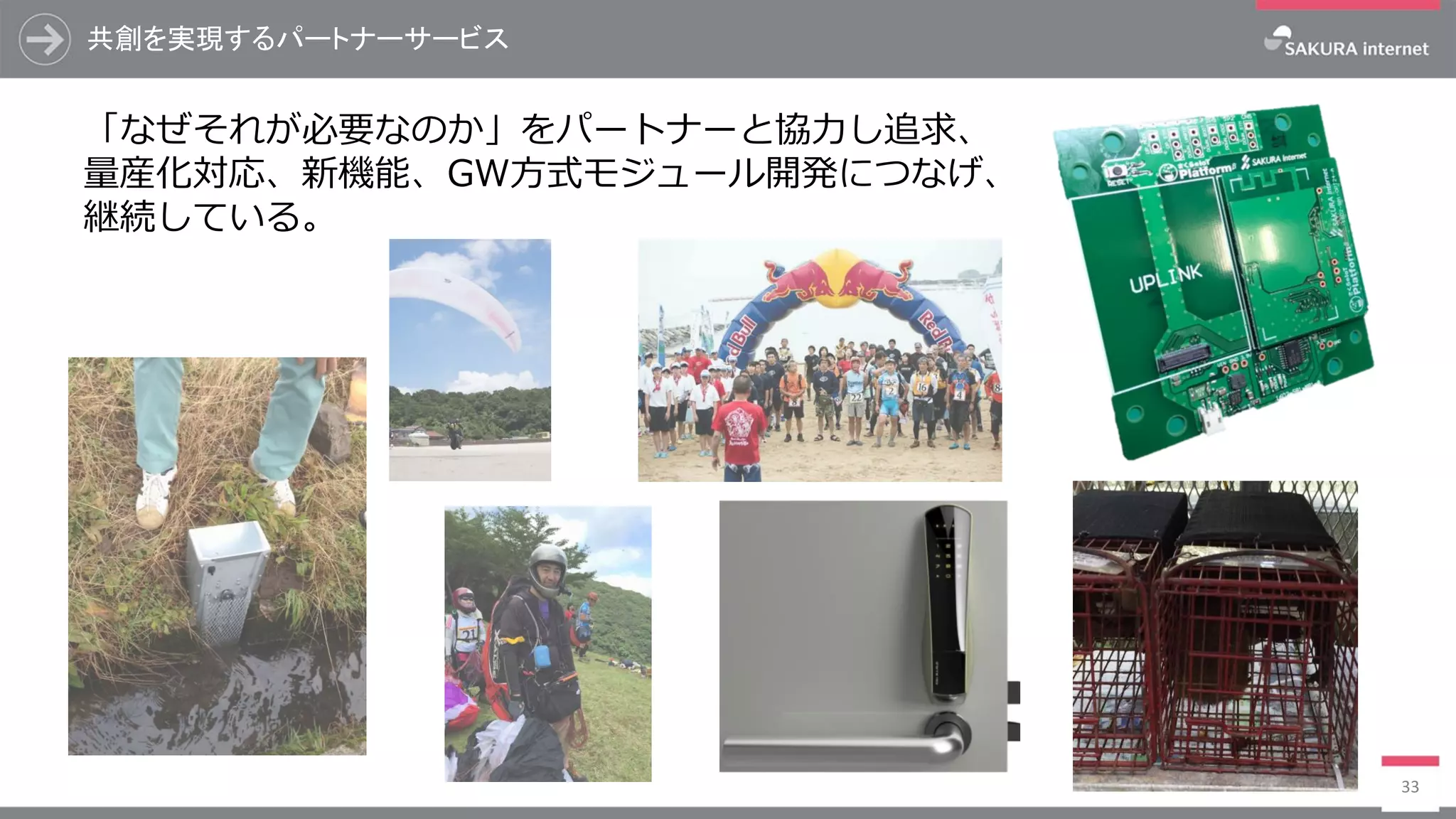 共創を実現するパートナーサービス
33
「なぜそれが必要なのか」をパートナーと協力し追求、
量産化対応、新機能、GW方式モジュール開発につなげ、
継続している。
 