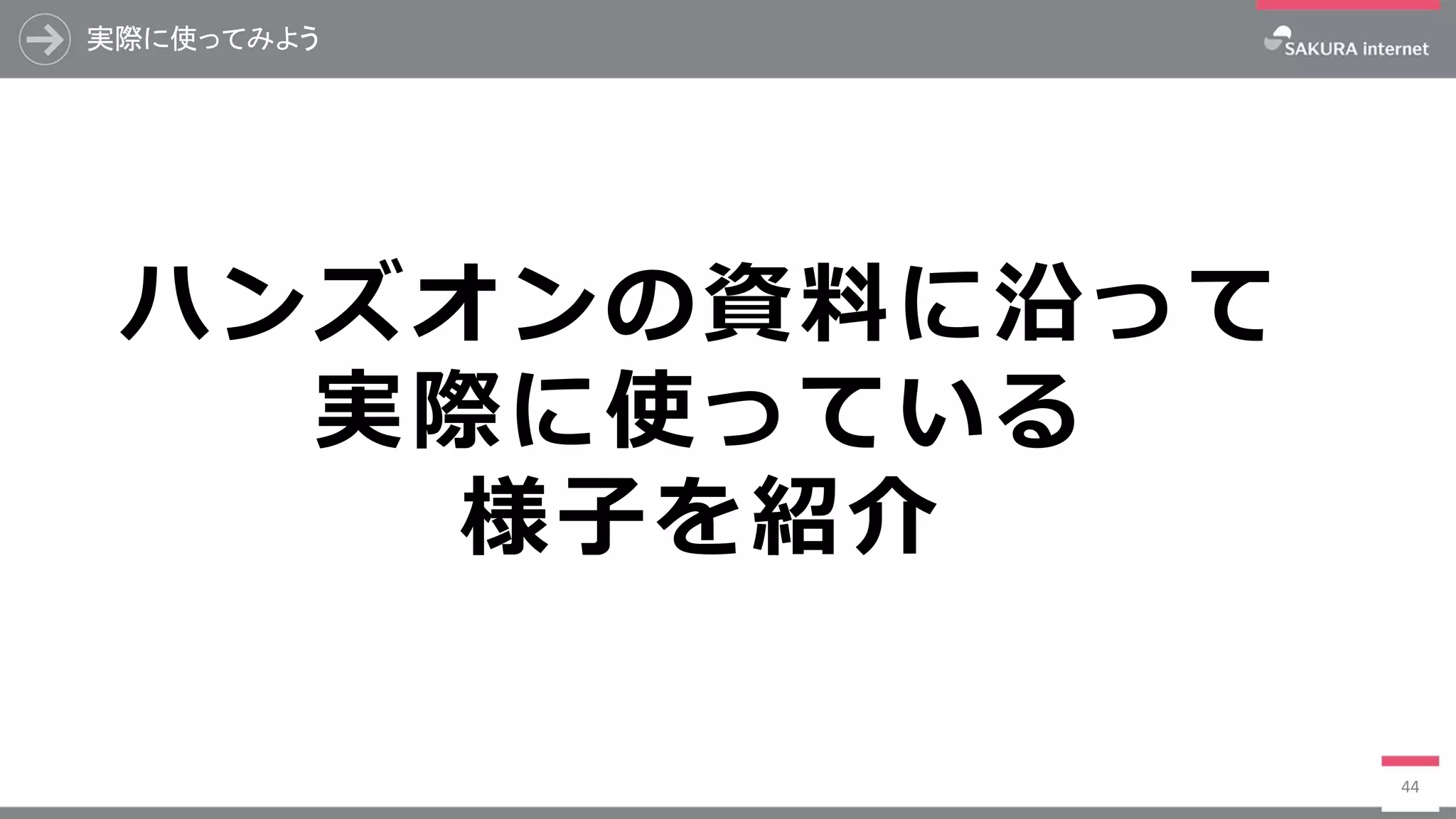 実際に使ってみよう
44
ハンズオンの資料に沿って
実際に使っている
様子を紹介
 
