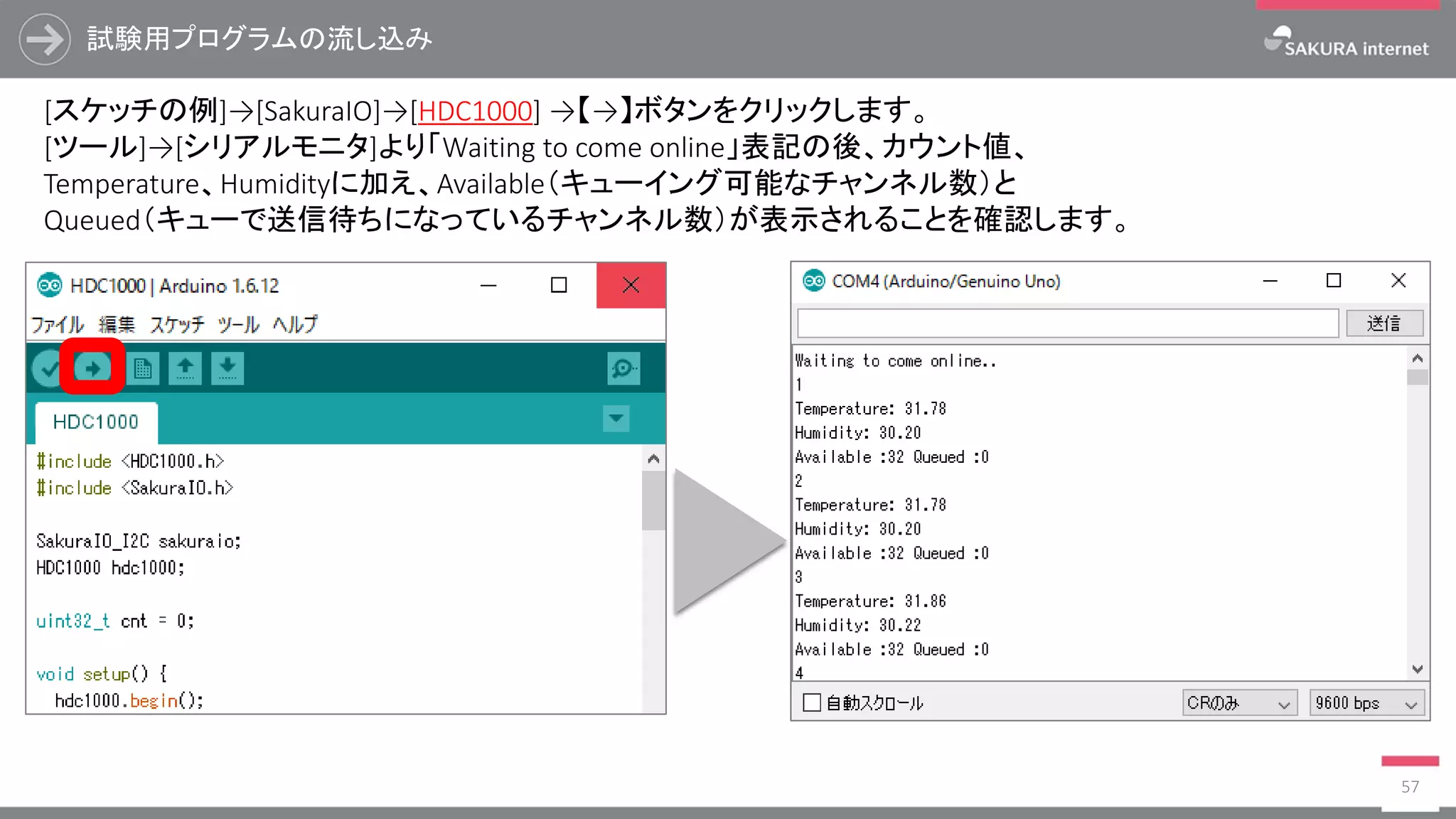 試験用プログラムの流し込み
57
[スケッチの例]→[SakuraIO]→[HDC1000] →【→】ボタンをクリックします。
[ツール]→[シリアルモニタ]より「Waiting to come online」表記の後、カウント値、
Temperature、Humidityに加え、Available（キューイング可能なチャンネル数）と
Queued（キューで送信待ちになっているチャンネル数）が表示されることを確認します。
 