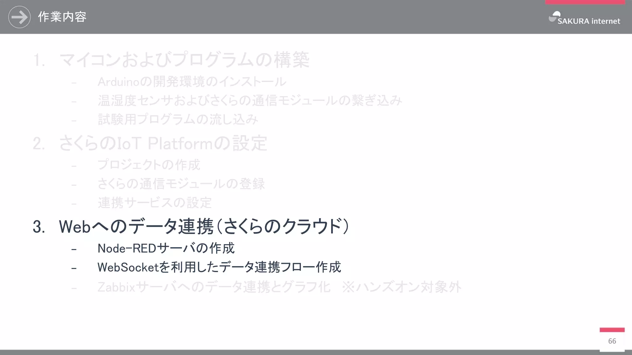 作業内容
66
1. マイコンおよびプログラムの構築
₋ Arduinoの開発環境のインストール
₋ 温湿度センサおよびさくらの通信モジュールの繋ぎ込み
₋ 試験用プログラムの流し込み
2. さくらのIoT Platformの設定
₋ プロジェクトの作成
₋ さくらの通信モジュールの登録
₋ 連携サービスの設定
3. Webへのデータ連携（さくらのクラウド）
₋ Node-REDサーバの作成
₋ WebSocketを利用したデータ連携フロー作成
₋ Zabbixサーバへのデータ連携とグラフ化 ※ハンズオン対象外
 