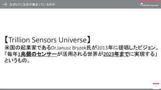 なぜIoTに注目が集まっているのか
11
【Trillion Sensors Universe】
米国の起業家であるDr.Janusz Bryzek氏が2013年に提唱したビジョン。
「毎年1兆個のセンサーが活用される世界が2023年までに実現する」
というもの。
 