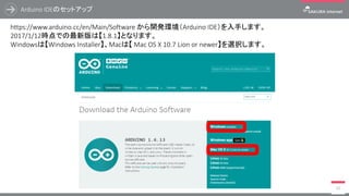 Arduino IDEのセットアップ
50
https://www.arduino.cc/en/Main/Software から開発環境（Arduino IDE）を入手します。
2017/1/12時点での最新版は【1.8.1】となります。
Windowsは【Windows Installer】、Macは【 Mac OS X 10.7 Lion or newer】を選択します。
 