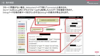 動作確認
81
フローに問題がない場合、Websocketノード下部に「connected」と表示され、
コンソールのdebug内にプラットフォームから取得したJSONデータを確認できます。
Debugノード右端の緑マークをクリックするとdebugへの表示が停止されます。
 