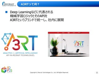 11Copyright © Recruit Technologies Co., Ltd. All Rights Reserved.
A3RTって何？
 Deep Learningなどに代表される
機械学習ロジックとそのAPIを
A3RTというブランドで統一し、社内に展開
 