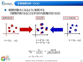 33Copyright © Recruit Technologies Co., Ltd. All Rights Reserved.
正準相関分析（CCA）
 相関が最大になるように射影する
（相関が高くなることはすなわち距離が近くなる）
x = (x1, … xp), y = (y1,…,yq)z = aT (x − x)
w = bT (y − y)
テキスト特徴空間画像特徴空間 結合空間
 