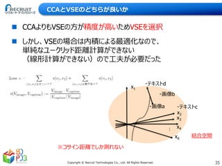 35Copyright © Recruit Technologies Co., Ltd. All Rights Reserved.
CCAとVSEのどちらが良いか
 CCAよりもVSEの方が精度が高いためVSEを選択
 しかし、VSEの場合は内積による最適化なので、
単純なユークリッド距離計算ができない
（線形計算ができない）ので工夫が必要だった
・画像a
x4
x1
・画像b
x2
x3
xd
︙
・テキストc
・テキストd
結合空間
※コサイン距離でしか測れない
 