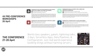4X PRE-CONFERENCE
WORKSHOPS
26 April
THE CONFERENCE
27-28 April
World class speakers, panels, lightning talks,
2 days. Serverless Apps, Data Pipelines, &
Configuration. Just real world experience
building things without harming servers.
 