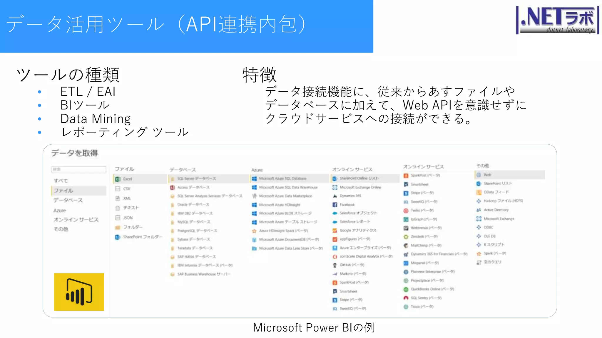 データ活用ツール（API連携内包）
ツールの種類
• ETL / EAI
• BIツール
• Data Mining
• レポーティング ツール
特徴
データ接続機能に、従来からあすファイルや
データベースに加えて、Web APIを意識せずに
クラウドサービスへの接続ができる。
Microsoft Power BIの例
 