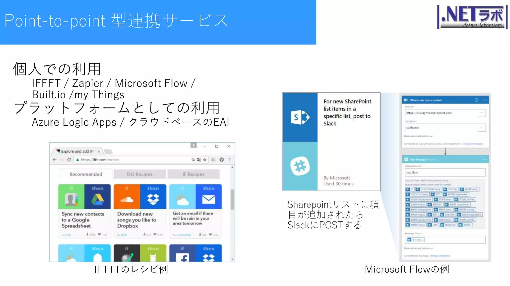 Point-to-point 型連携サービス
IFTTTのレシピ例
Sharepointリストに項
目が追加されたら
SlackにPOSTする
Microsoft Flowの例
個人での利用
IFFFT / Zapier / Microsoft Flow /
Built.io /my Things
プラットフォームとしての利用
Azure Logic Apps / クラウドベースのEAI
 
