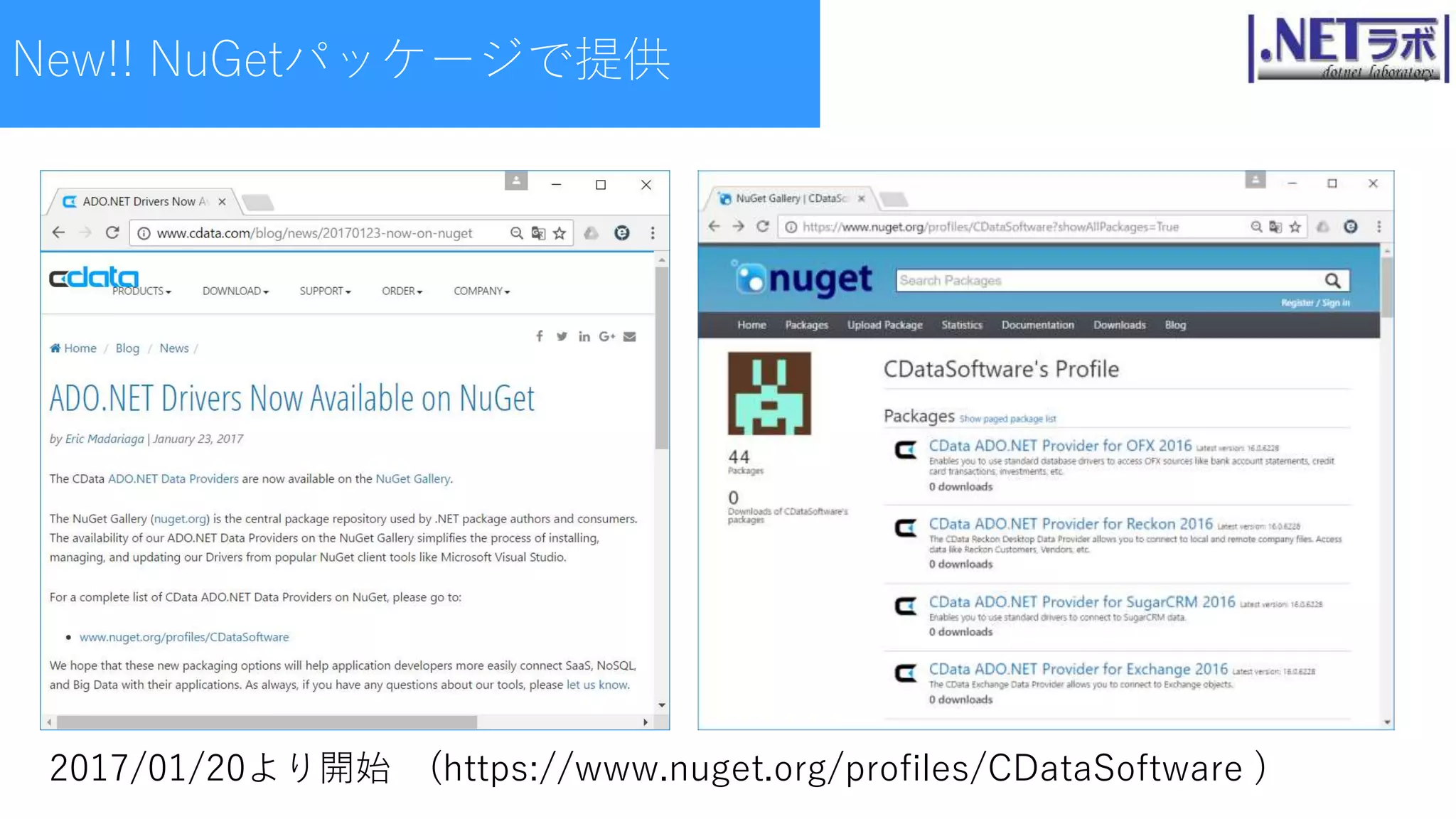 New!! NuGetパッケージで提供
2017/01/20より開始 (https://www.nuget.org/profiles/CDataSoftware )
 