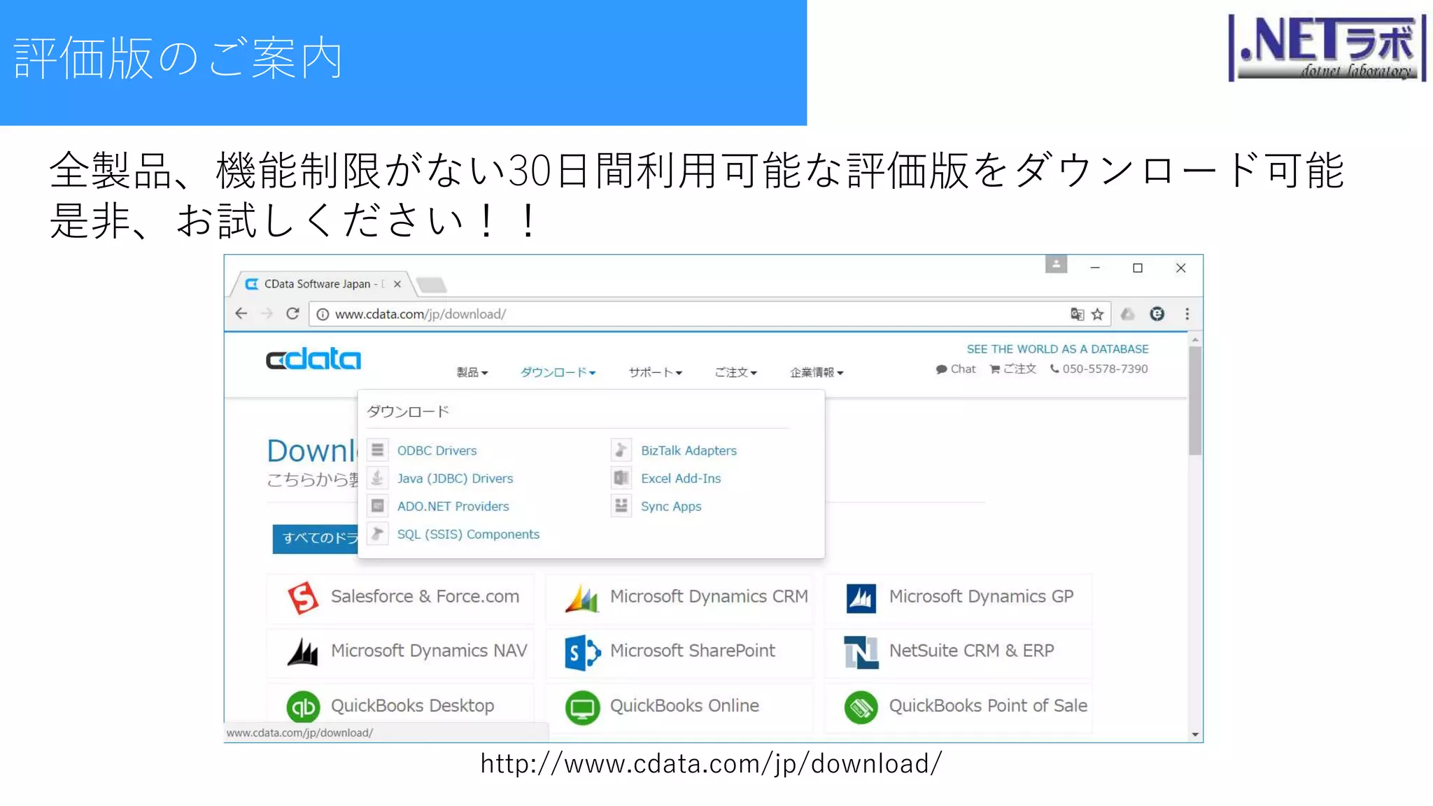 評価版のご案内
http://www.cdata.com/jp/download/
全製品、機能制限がない30日間利用可能な評価版をダウンロード可能
是非、お試しください！！
 