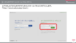 さくらのクラウド コントロールパネル ログイン
69
以下URLより「さくらのクラウド」のコントロールパネルにログインします。
「https://secure.sakura.ad.jp/cloud/」
 