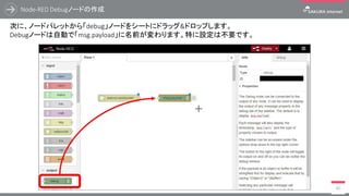 Node-RED Debugノードの作成
80
次に、ノードパレットから「debug」ノードをシートにドラッグ&ドロップします。
Debugノードは自動で「msg.payload」に名前が変わります。特に設定は不要です。
 