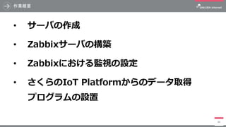 作業概要
• サーバの作成
• Zabbixサーバの構築
• Zabbixにおける監視の設定
• さくらのIoT Platformからのデータ取得
プログラムの設置
88
 
