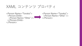 XAML コンテンツ プロパティ
<Person Name=“Tanaka”>
<Person.Child>
<Person Name=“Ohta” />
</Person.Child>
</Person>
<Person Name=“Tanaka”>
<Person Name=“Ohta” />
</Person>
 