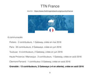 TTN France
source : https://www.thethingsnetwork.org/country/france
6 communautés
Poitiers : 2 contributeurs, 1 Gateway, c...