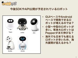 34
導入先に合わせた、ロボット選びが重要
Pepper RoBoHoN
• 本体の大きさ
• 価格
• タブレットの有無
• 音声の必要性
• など
 