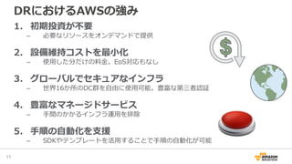 DRにおけるAWSの強み
1. 初期投資が不要
– 必要なリソースをオンデマンドで提供
2. 設備維持コストを最小化
– 使用した分だけの料金。EoS対応もなし
3. グローバルでセキュアなインフラ
– 世界16か所のDC群を自由に使用可能。豊富な第三者認証
4. 豊富なマネージドサービス
– 手間のかかるインフラ運用を排除
5. 手順の自動化を支援
– SDKやテンプレートを活用することで手順の自動化が可能
11
 