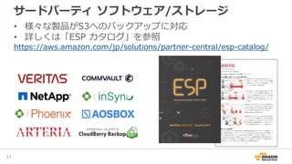 サードパーティ ソフトウェア/ストレージ
• 様々な製品がS3へのバックアップに対応
• 詳しくは「ESP カタログ」を参照
https://aws.amazon.com/jp/solutions/partner-central/esp-catalog/
31
 